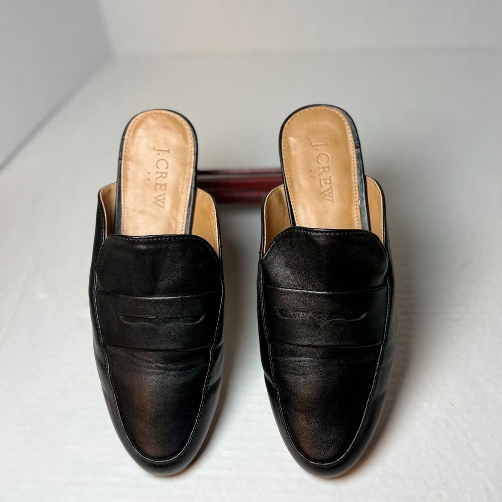 J.Crew Academy Leather Penny Loafer Mules Black Slip On Flats Slides Womens 6